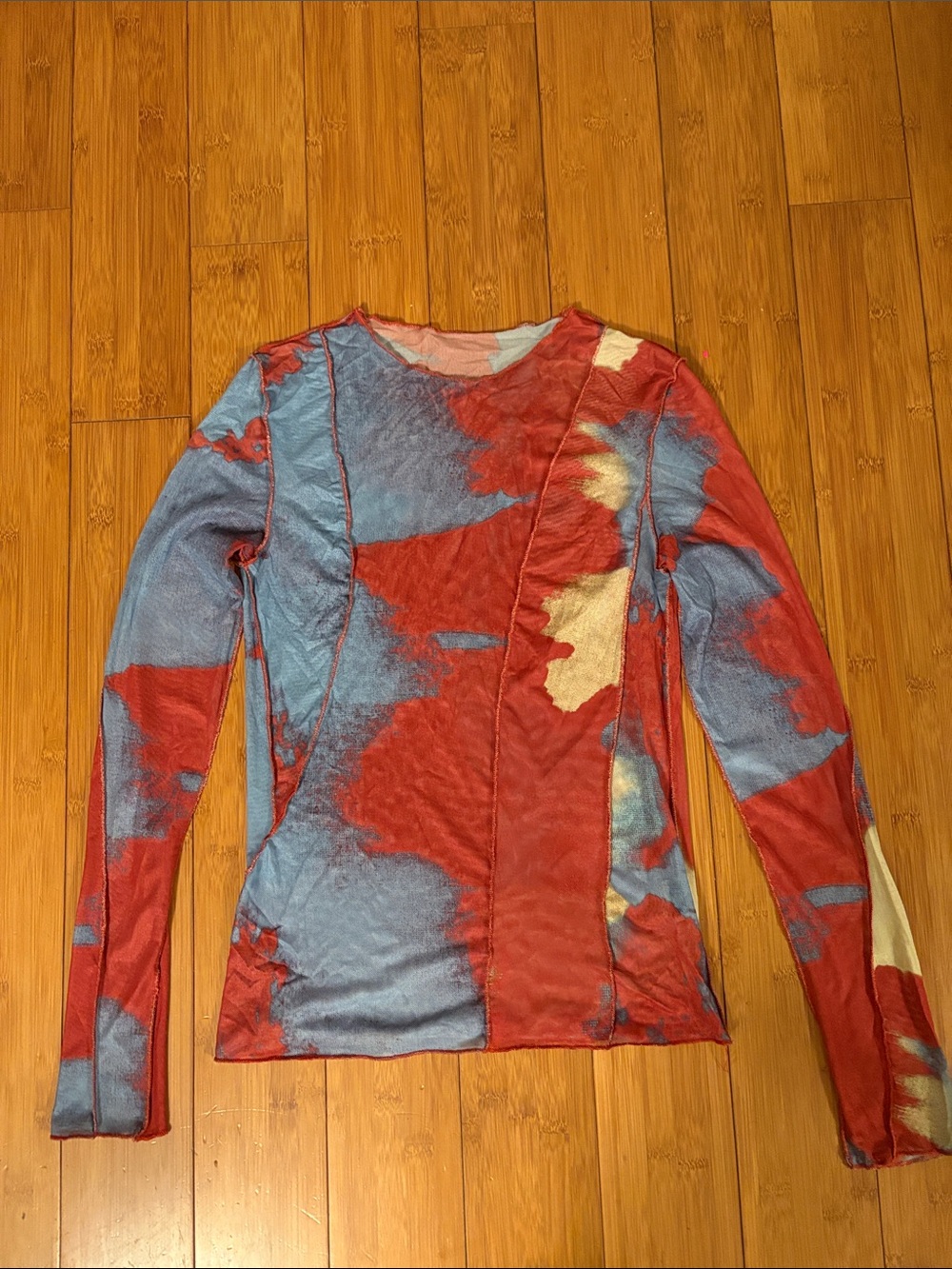 Women's Long Sleeve Abstract Tie-Dye Top - Red, Blue & Cream